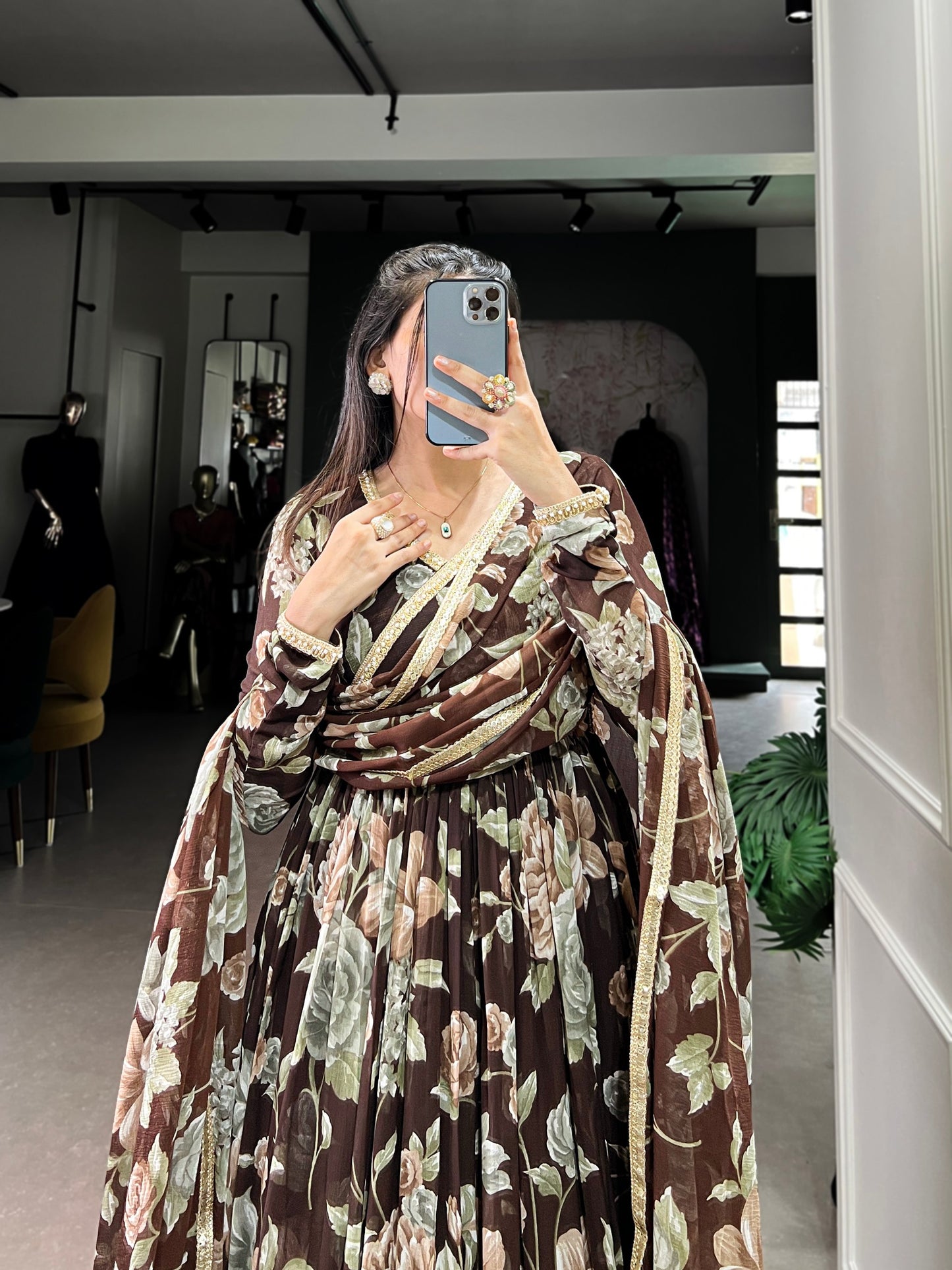 Brown Color Marbel Fabric With Floral Print Gown Set
