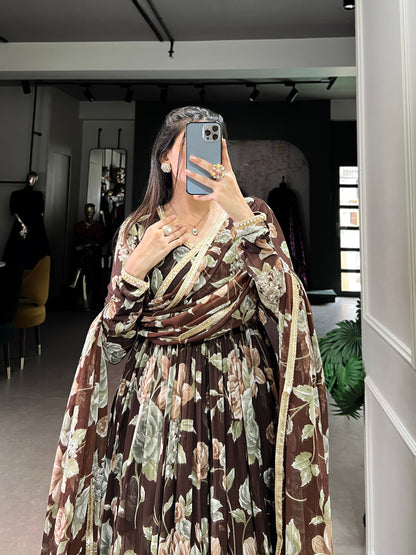 Brown Color Marbel Fabric With Floral Print Gown Set