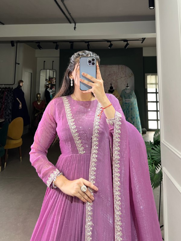 Purple Color Silver Glory Fabric and  Hotfix With Embroidery Work Gown Set