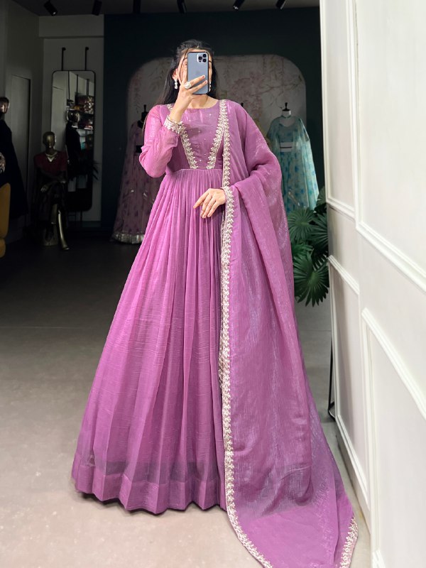 Purple Color Silver Glory Fabric and  Hotfix With Embroidery Work Gown Set