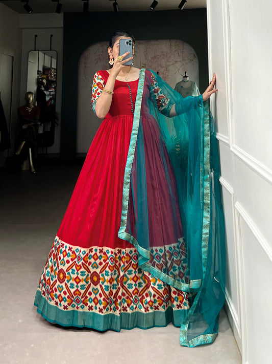 Red Color Dola Silk Fabric With Foil work gown Set