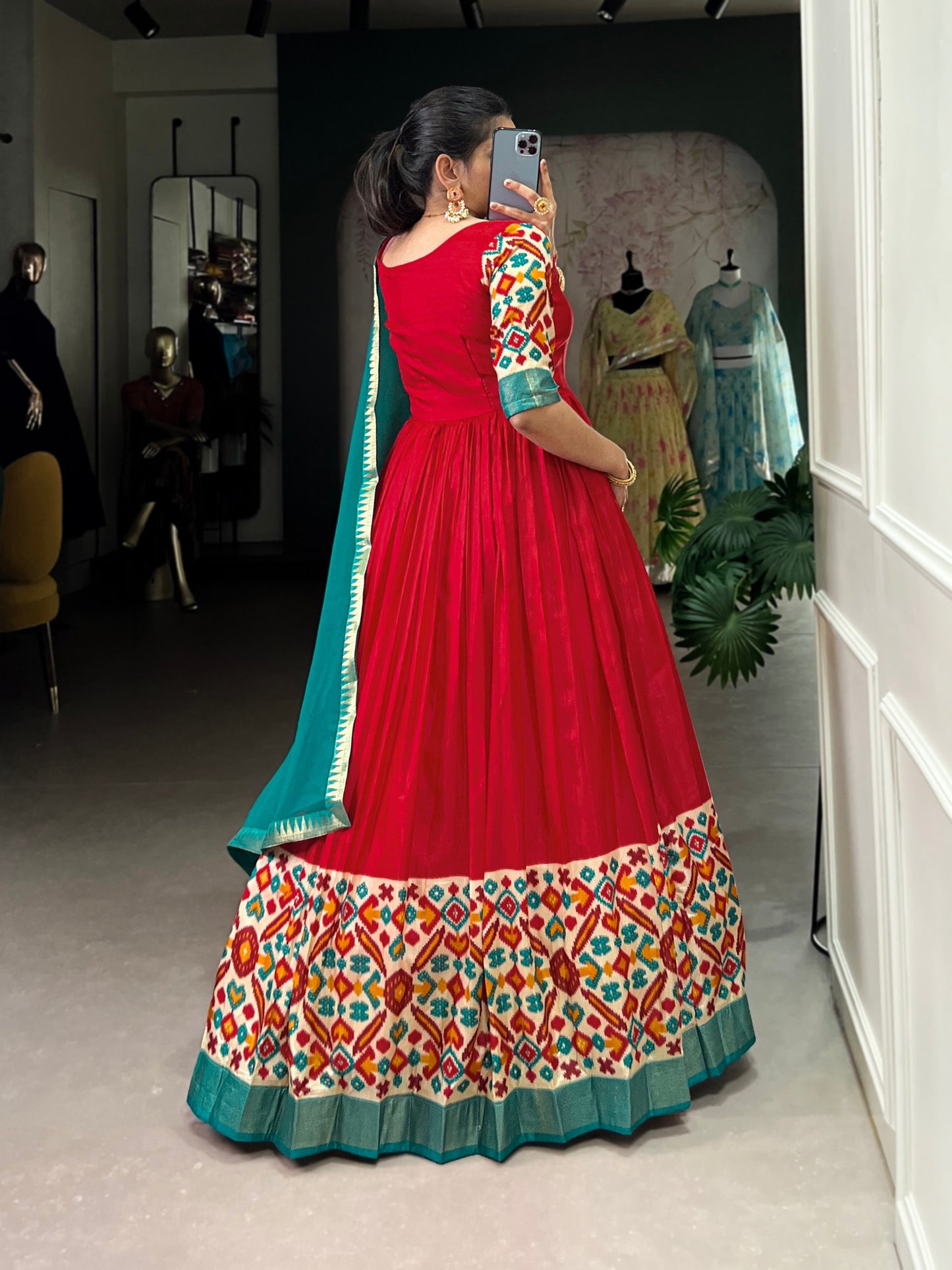 Red Color Dola Silk Fabric With Foil work gown Set