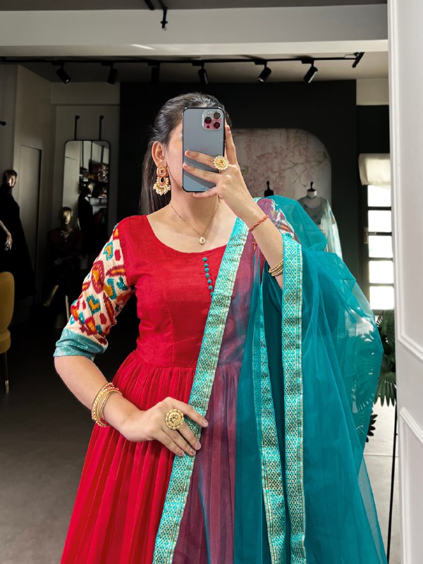 Red Color Dola Silk Fabric With Foil work gown Set