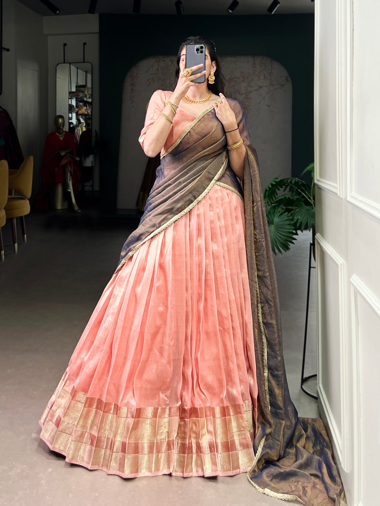 Elegant Peach Traditional Silk Lehenga with Golden Border & Brown Ombre Dupatta
