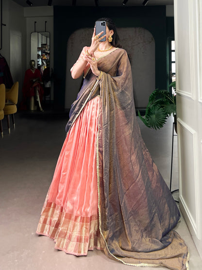 Elegant Peach Traditional Silk Lehenga with Golden Border & Brown Ombre Dupatta