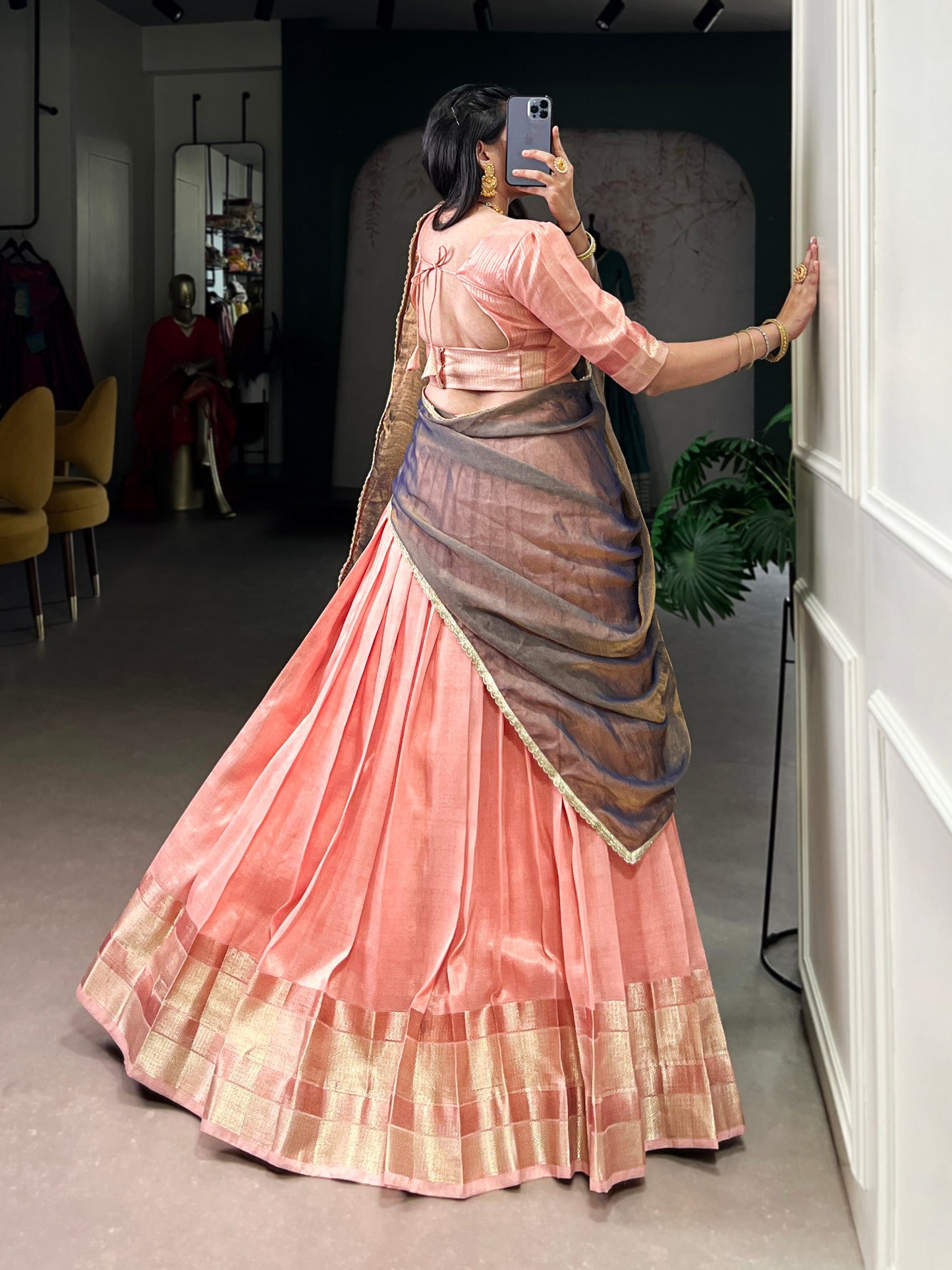 Elegant Peach Traditional Silk Lehenga with Golden Border & Brown Ombre Dupatta