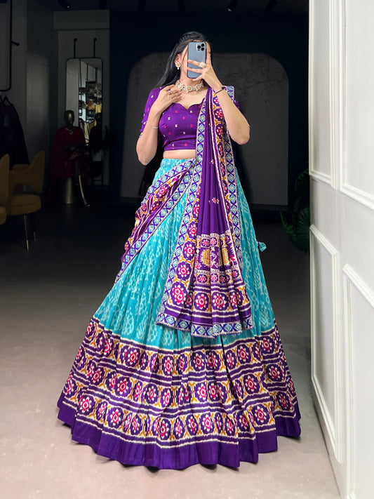 Sky Blue Tasar Silk Ikkat Print Lehenga Set with Embroidered Blouse & Dupatta