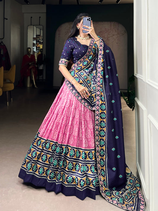 Pink Silk Print and Sequins Thread Embroidery Lehenga with Dupatta