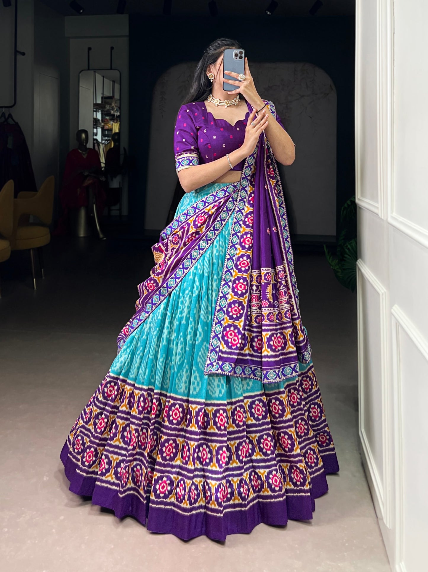 Sky Blue Tasar Silk Ikkat Print Lehenga Set with Embroidered Blouse & Dupatta