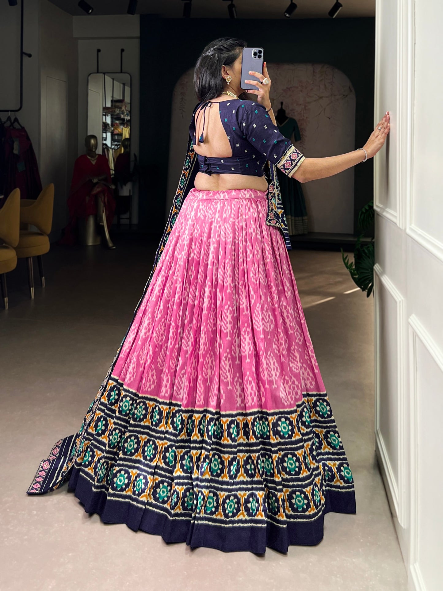 Pink Silk Print and Sequins Thread Embroidery Lehenga with Dupatta