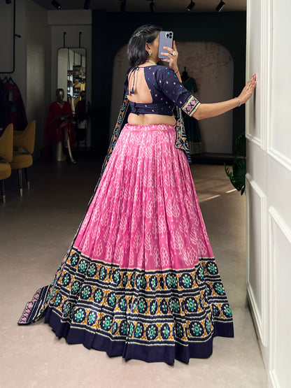 Pink Silk Print and Sequins Thread Embroidery Lehenga with Dupatta