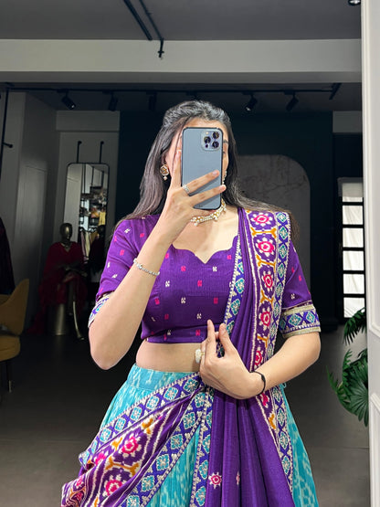 Sky Blue Tasar Silk Ikkat Print Lehenga Set with Embroidered Blouse & Dupatta