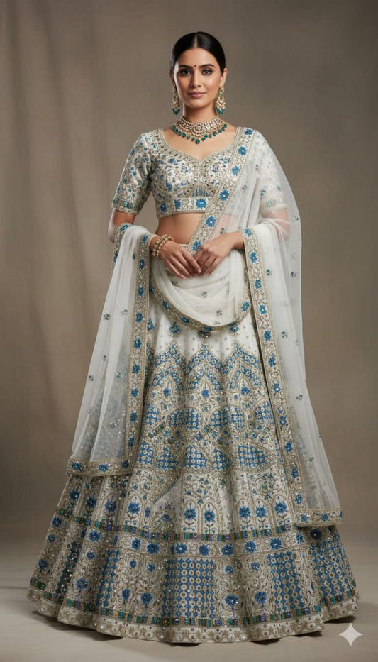 Elagance White Fox Georgette Sequins Embroidered Work Lehenga