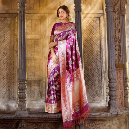 Royal Dark pink And Cream Soft Lichi Silk Organic Banarasi Saree