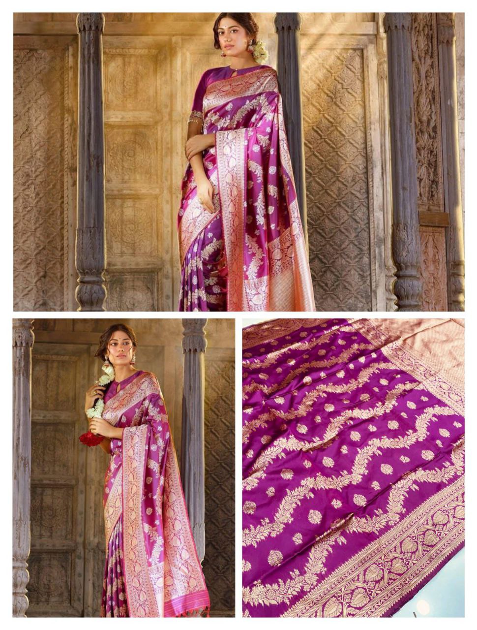 Royal Dark pink And Cream Soft Lichi Silk Organic Banarasi Saree