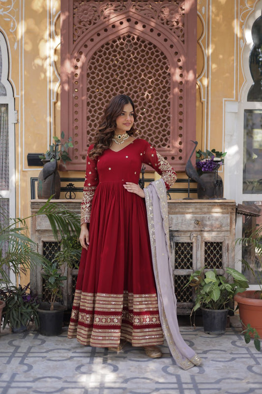 Red Color Blooming Fabric with Embroidery Work Gown Set.