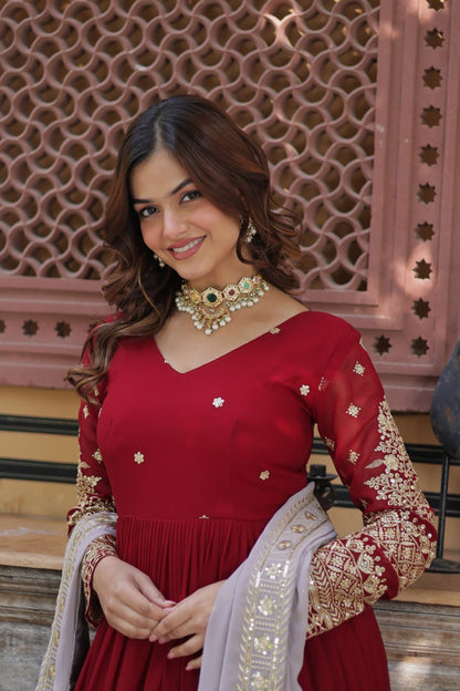 Red Color Blooming Fabric with Embroidery Work Gown Set.