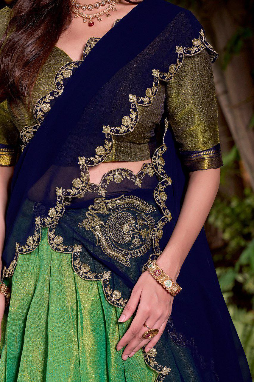 Pista Green Kanchipuram Zari Weaving Lehenga with Navy Blue Embroidered Georgette Dupatta