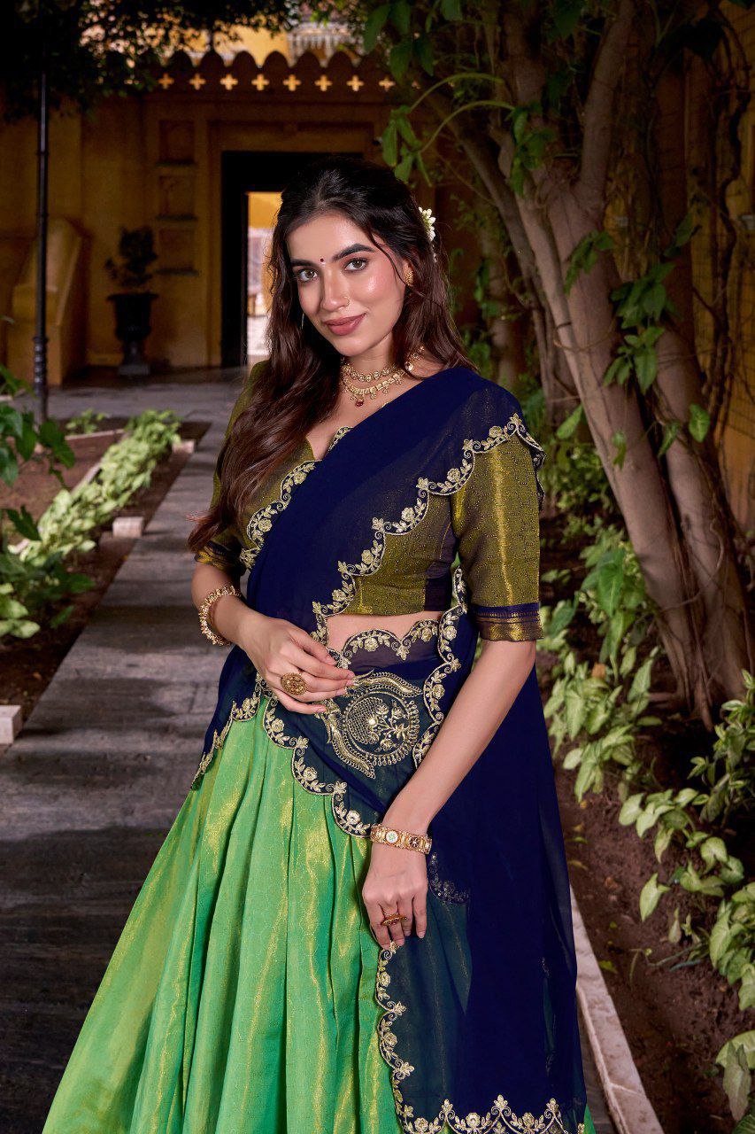 Pista Green Kanchipuram Zari Weaving Lehenga with Navy Blue Embroidered Georgette Dupatta