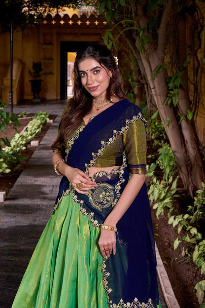 Pista Green Kanchipuram Zari Weaving Lehenga with Navy Blue Embroidered Georgette Dupatta