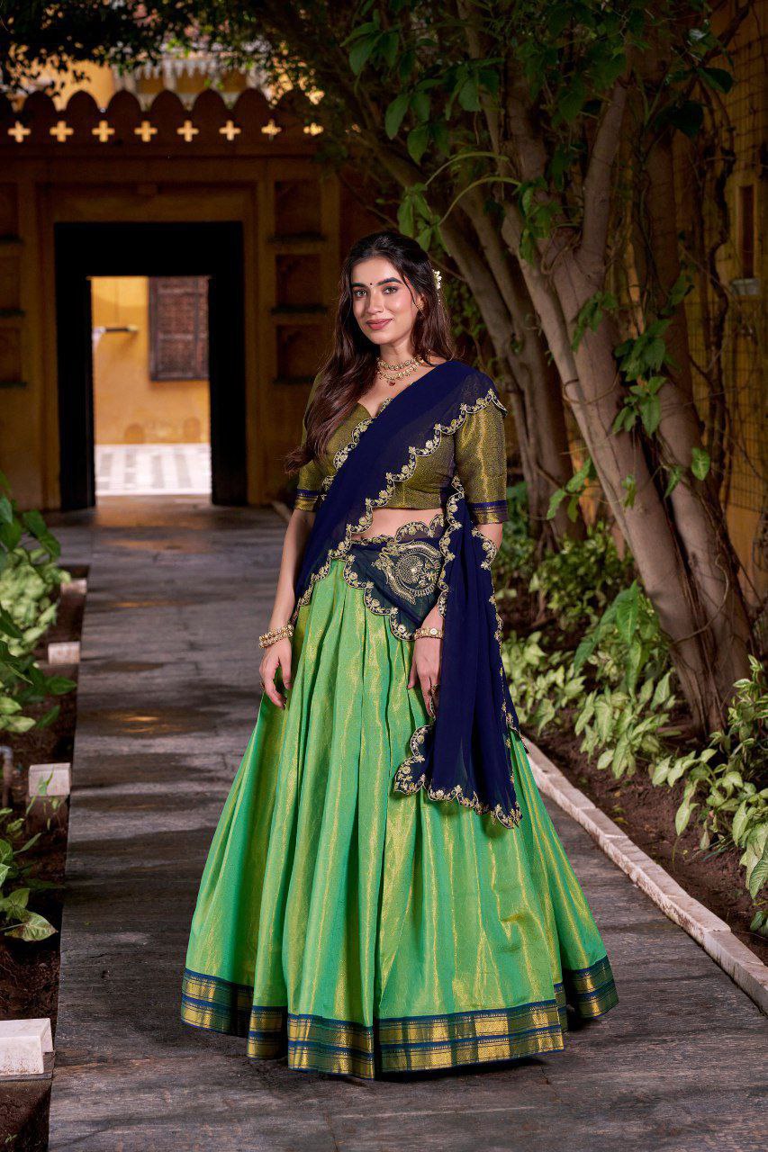 Pista Green Kanchipuram Zari Weaving Lehenga with Navy Blue Embroidered Georgette Dupatta