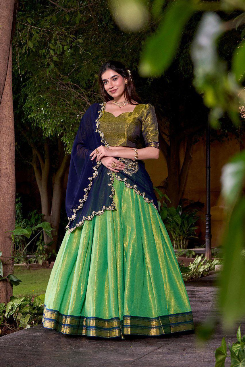 Pista Green Kanchipuram Zari Weaving Lehenga with Navy Blue Embroidered Georgette Dupatta