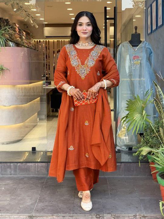 Dark Orange Vichitra Heavy Thread Embroidered Work Kurta Pant Set