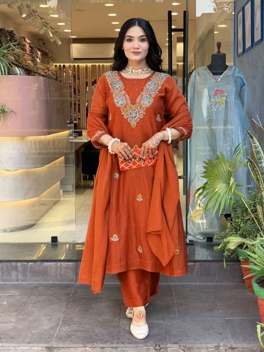 Dark Orange Vichitra Heavy Thread Embroidered Work Kurta Pant Set