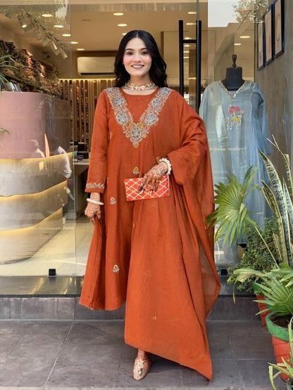 Dark Orange Vichitra Heavy Thread Embroidered Work Kurta Pant Set