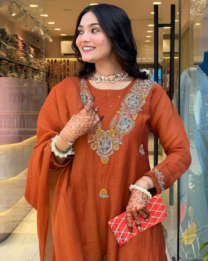 Dark Orange Vichitra Heavy Thread Embroidered Work Kurta Pant Set