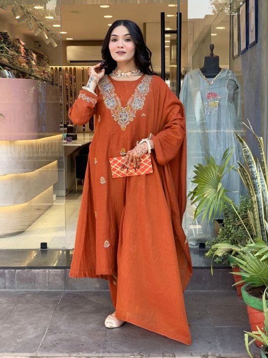 Dark Orange Vichitra Heavy Thread Embroidered Work Kurta Pant Set
