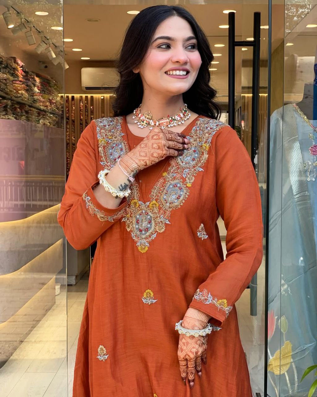 Dark Orange Vichitra Heavy Thread Embroidered Work Kurta Pant Set