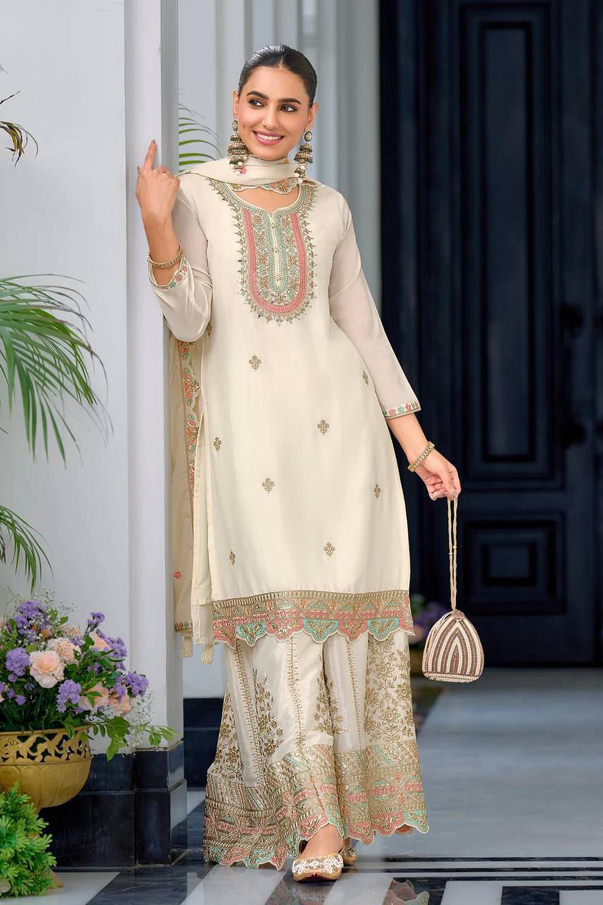 Elagance cream heavy chinon silk With Embroidery work Sharara set
