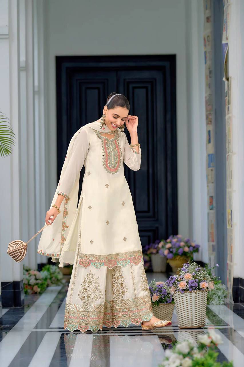 Elagance cream heavy chinon silk With Embroidery work Sharara set