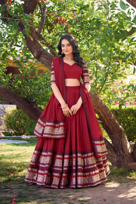 Pure Red Chanderi Lehenga – Classic Look with Zari Border