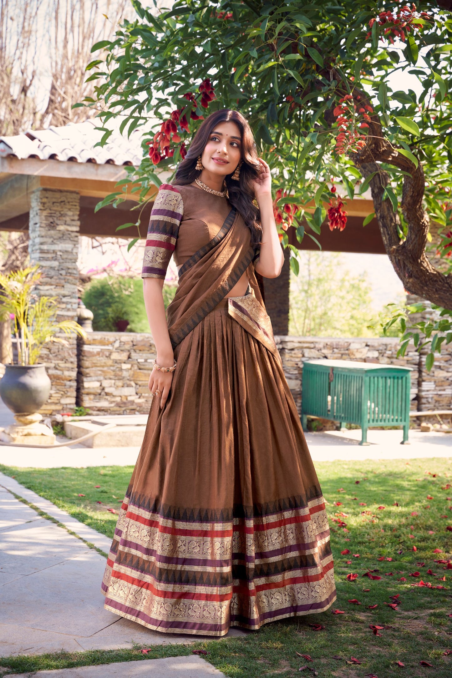 Warm Brown Pure Chanderi Lehenga with Handcrafted Zari Border