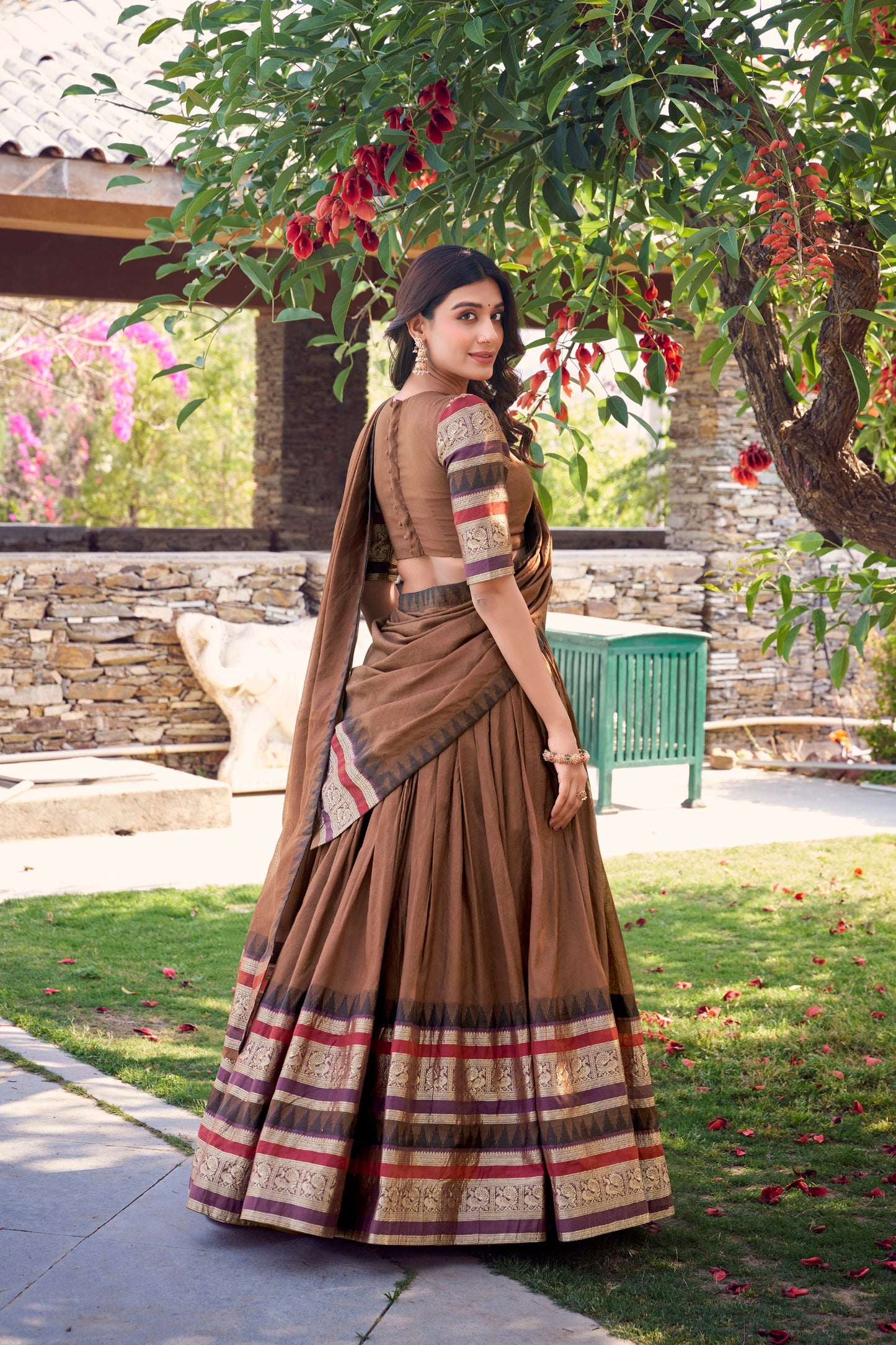 Warm Brown Pure Chanderi Lehenga with Handcrafted Zari Border
