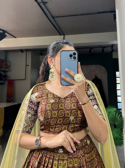 rown Color Digital Printed Sequins And Embroider Work Chinon Indian Lehenga Choli