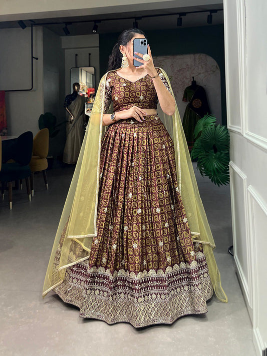 rown Color Digital Printed Sequins And Embroider Work Chinon Indian Lehenga Choli