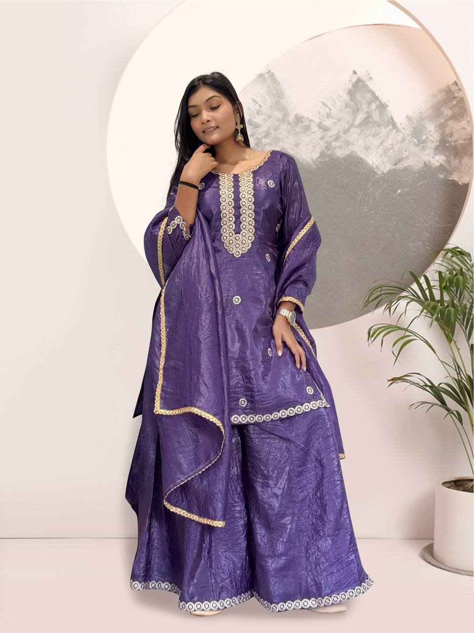Premium Navy Blue Crush Silk Embroidery Fancy Kurti – Gold Finish