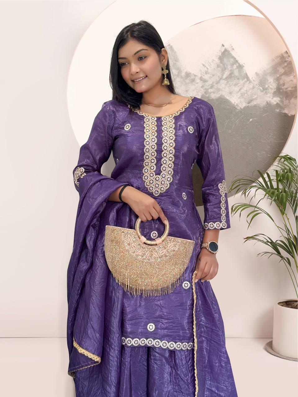 Premium Navy Blue Crush Silk Embroidery Fancy Kurti – Gold Finish