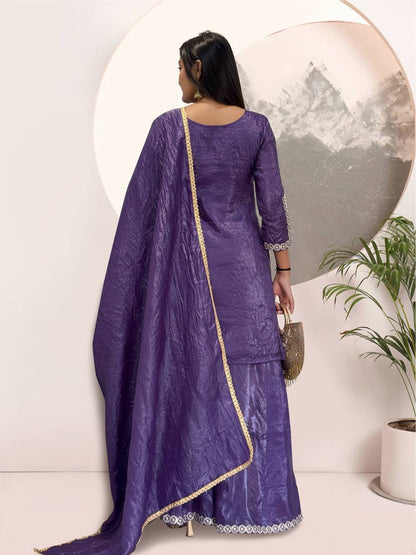 Premium Navy Blue Crush Silk Embroidery Fancy Kurti – Gold Finish