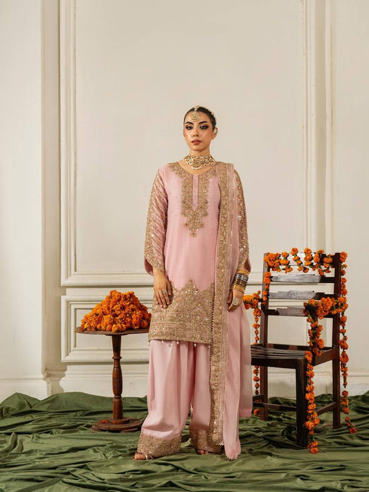Luxury Pink Heavy Chinon silk With Embroidery Work 3 Piece Kurti & Plazzo & Dupatta