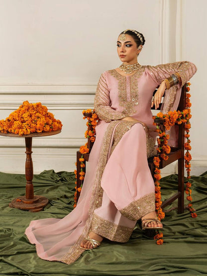 Luxury Pink Heavy Chinon silk With Embroidery Work 3 Piece Kurti & Plazzo & Dupatta