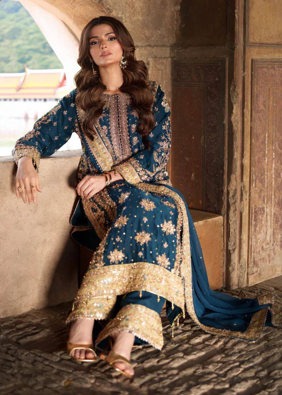 Blue And Gold Latest Kurta Dupatta Set With Sequence Work | Ready To Wear