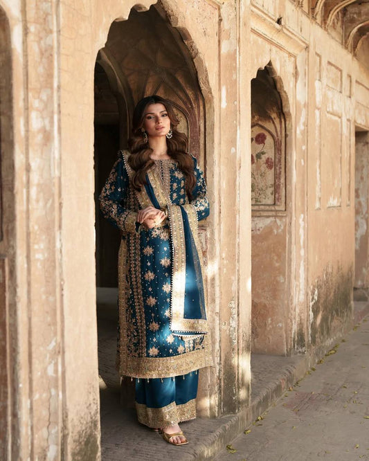 Blue And Gold Latest Kurta Dupatta Set With Sequence Work | Ready To Wear