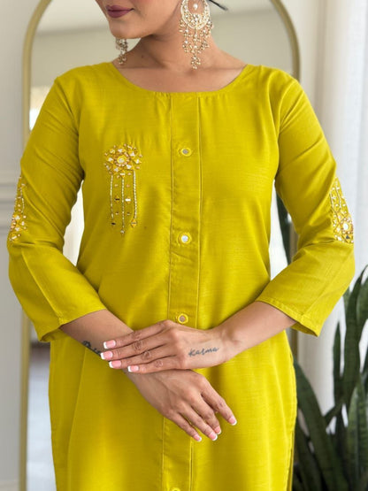 ROYAL YELLOW ROMAN SILK WITH HAND WORK KURTI SET