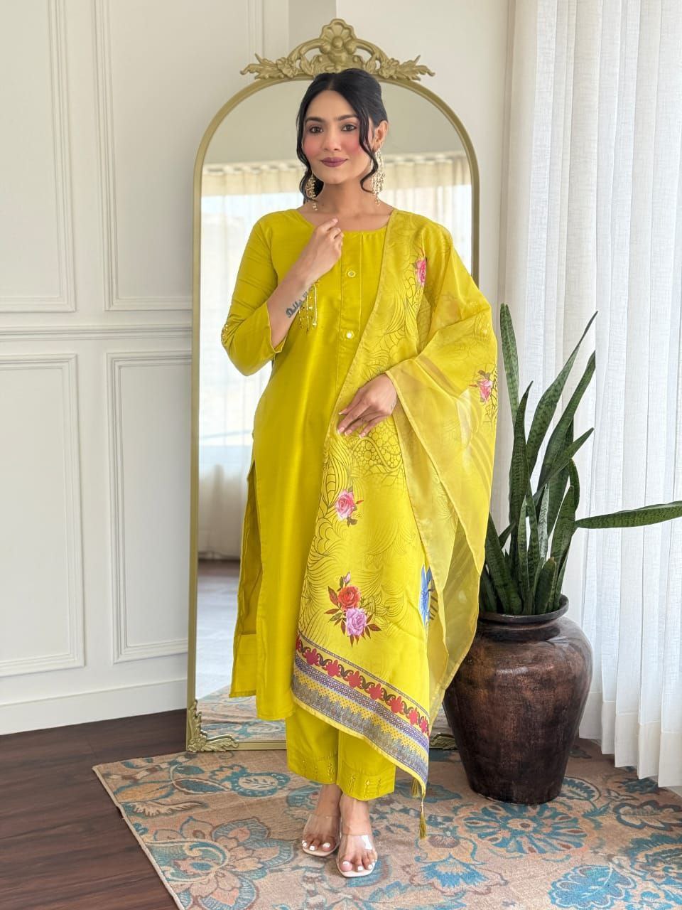 ROYAL YELLOW ROMAN SILK WITH HAND WORK KURTI SET