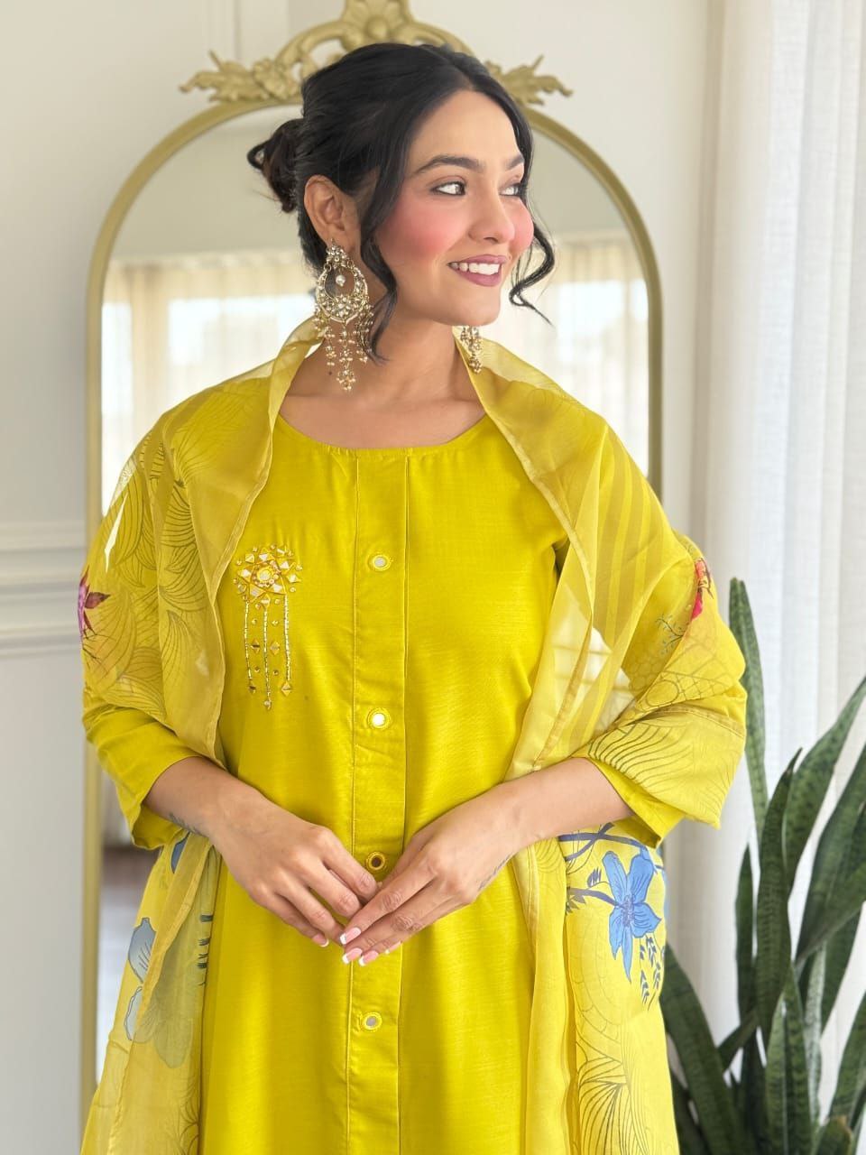ROYAL YELLOW ROMAN SILK WITH HAND WORK KURTI SET