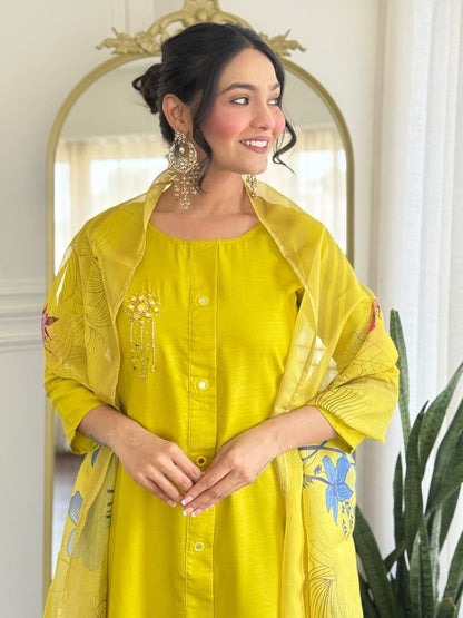 ROYAL YELLOW ROMAN SILK WITH HAND WORK KURTI SET